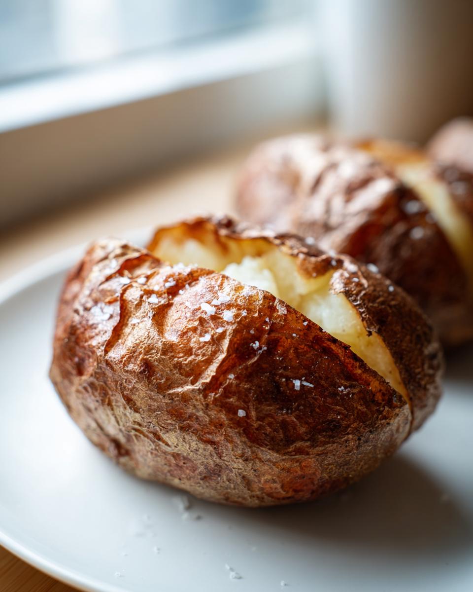 Close-up of a fluffy air fryer baked potato with a crispy, salted skin, split open on a white plate.