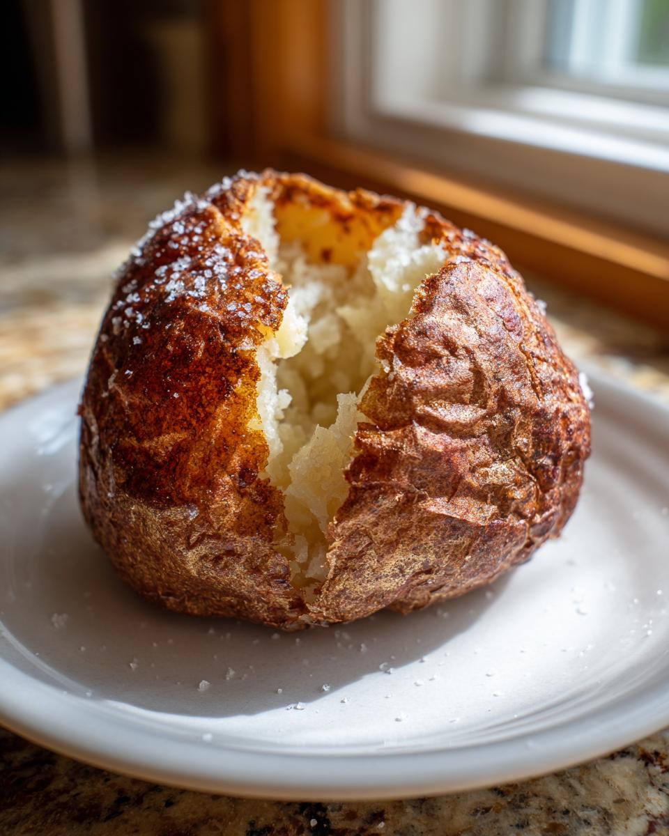 A perfectly cooked air fryer baked potato with a crispy, salted skin split open to reveal a fluffy white interior.
