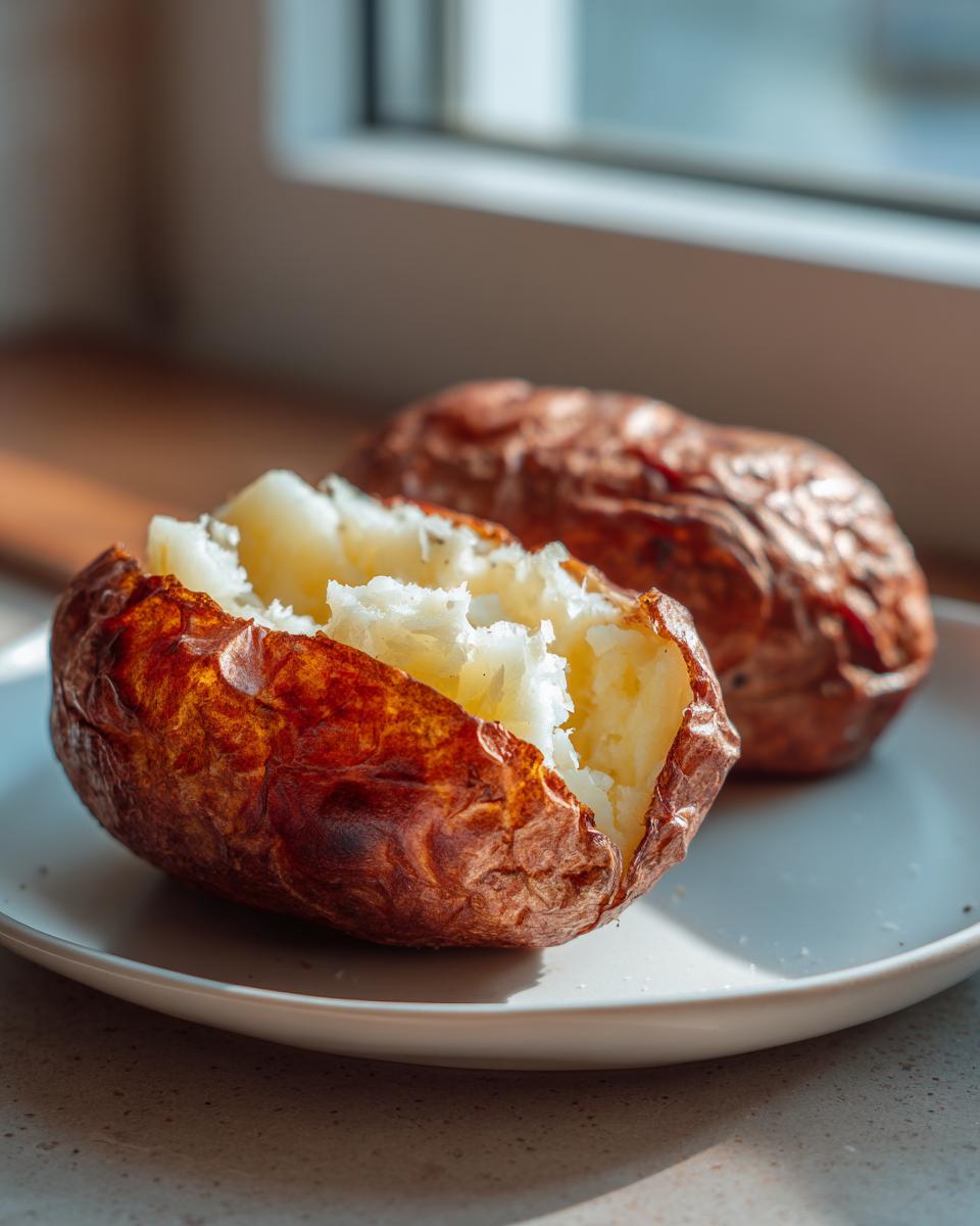 Close-up of a perfectly cooked air fryer baked potato, split open to show fluffy interior and crispy skin.