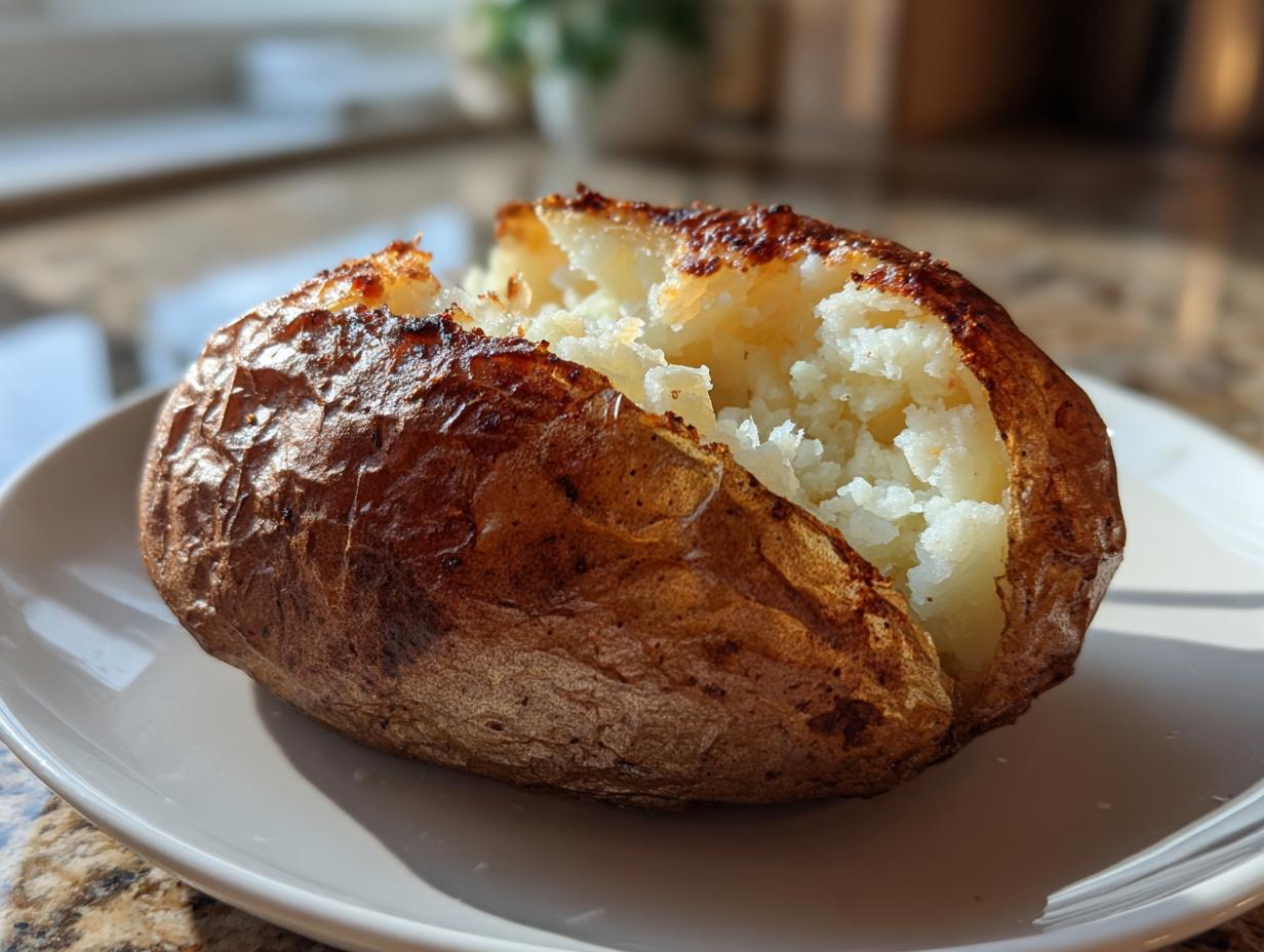 A perfectly cooked air fryer baked potato with a crispy, dark brown skin split open to reveal fluffy white interior.