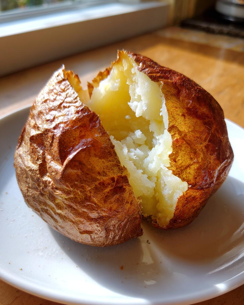 A close-up of a perfectly cooked air fryer baked potato, split open to reveal fluffy white interior and crispy brown skin.