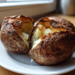 A close-up of a crispy-skinned air fryer baked potato split in half, revealing fluffy white interior.