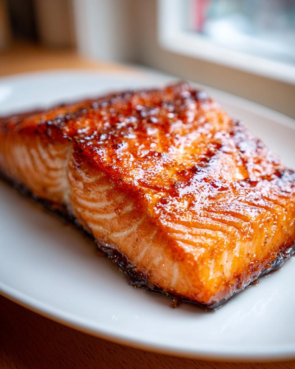 Close-up of a perfectly cooked, glazed salmon fillet with a caramelized top on a white plate.