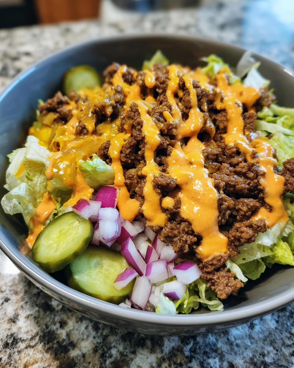 A close-up of a delicious cheeseburger bowl featuring seasoned ground beef, lettuce, pickles, red onion, and a drizzle of orange sauce.