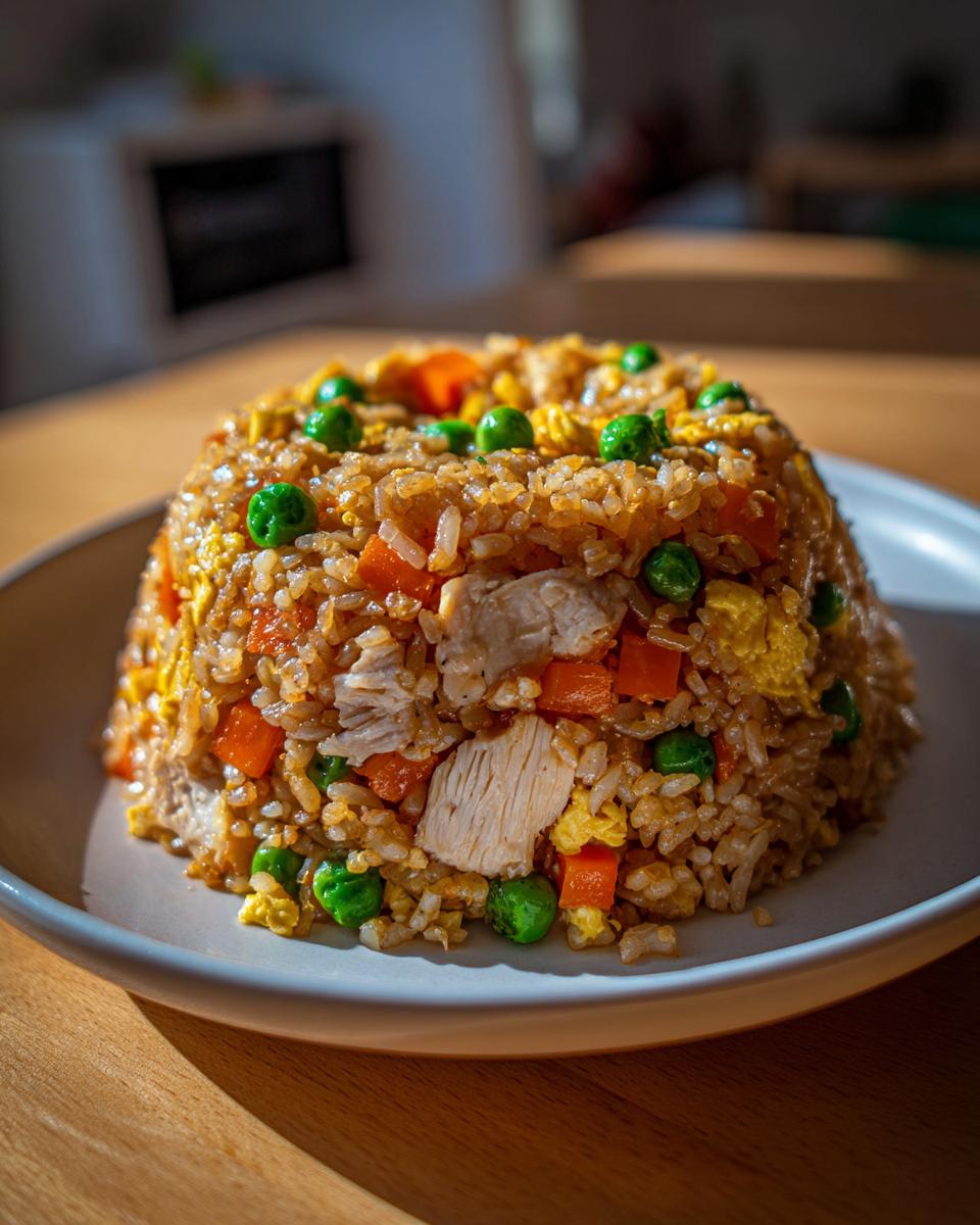 A perfectly molded dome of savory chicken fried rice featuring visible pieces of white chicken meat, bright green peas, and diced carrots.