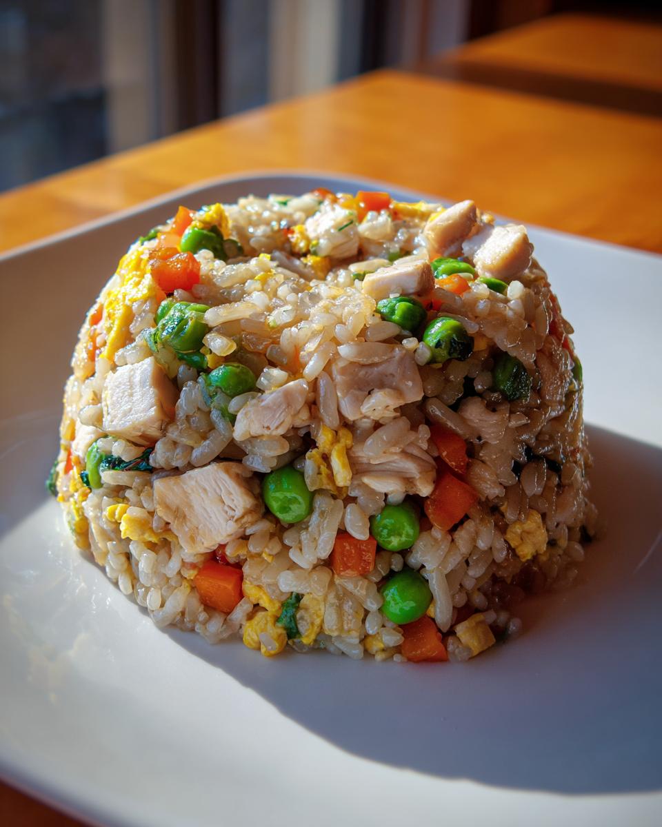 A dome-shaped serving of amazing chicken fried rice with visible chunks of chicken, peas, carrots, and scrambled egg.