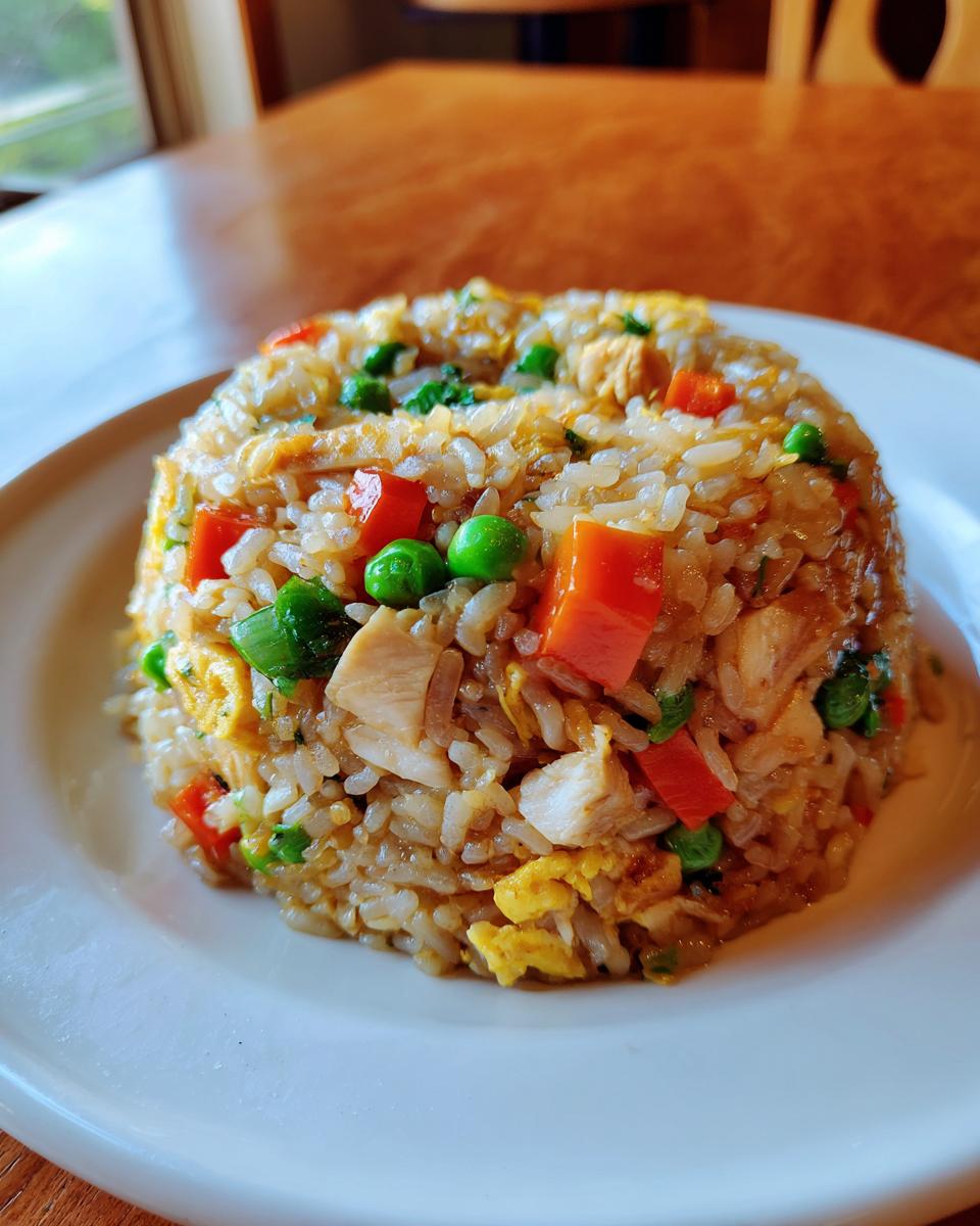 A perfectly molded mound of homemade chicken fried rice featuring visible pieces of chicken, carrots, peas, and scrambled egg.