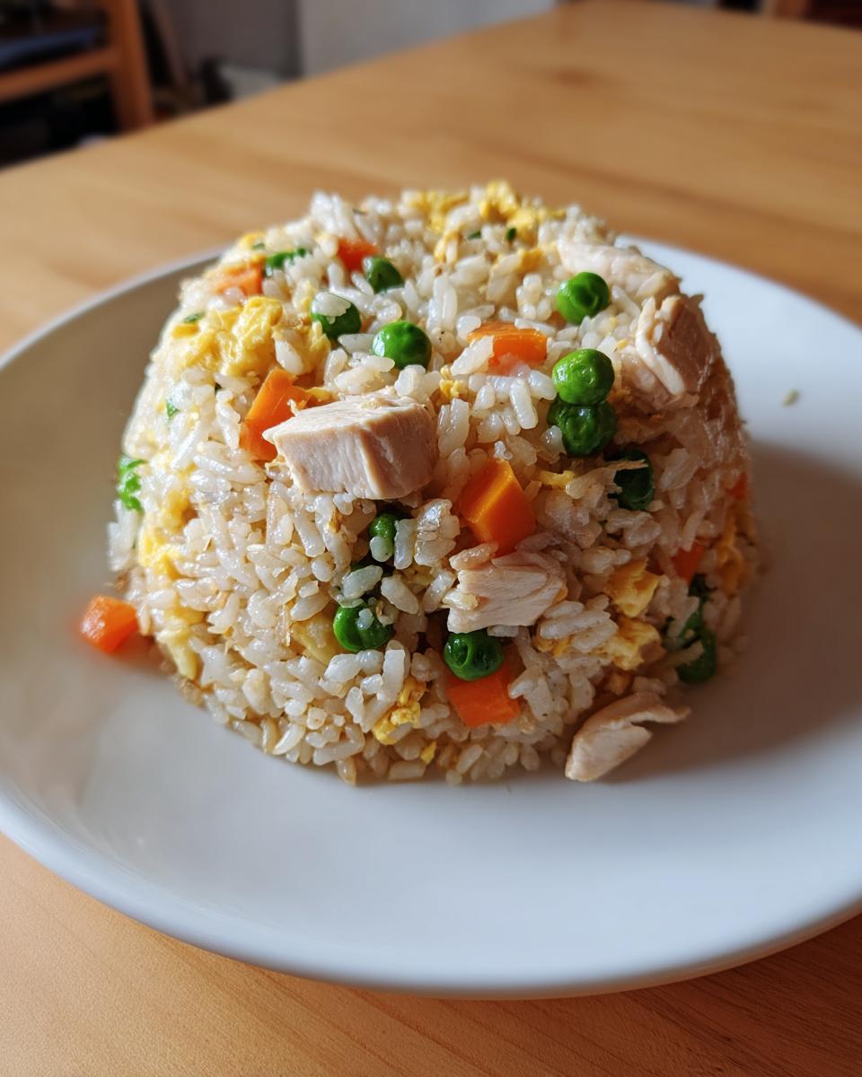 A perfectly molded mound of amazing chicken fried rice with visible chunks of chicken, peas, and carrots.