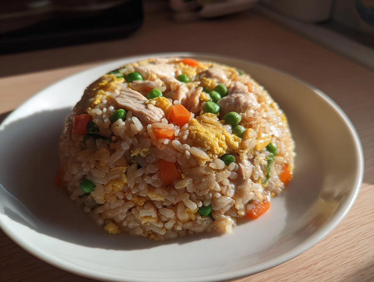 A dome-shaped serving of homemade chicken fried rice with visible chunks of chicken, carrots, peas, and scrambled egg.