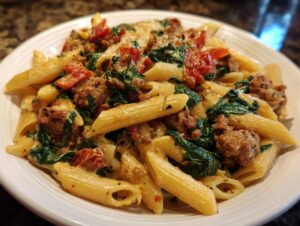 A close-up of a creamy chicken sausage pasta dish featuring penne, spinach, and sun-dried tomatoes.