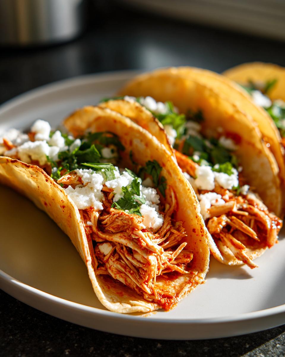 Three delicious chicken tacos filled with shredded, saucy chicken, topped with crumbled white cheese and fresh cilantro.