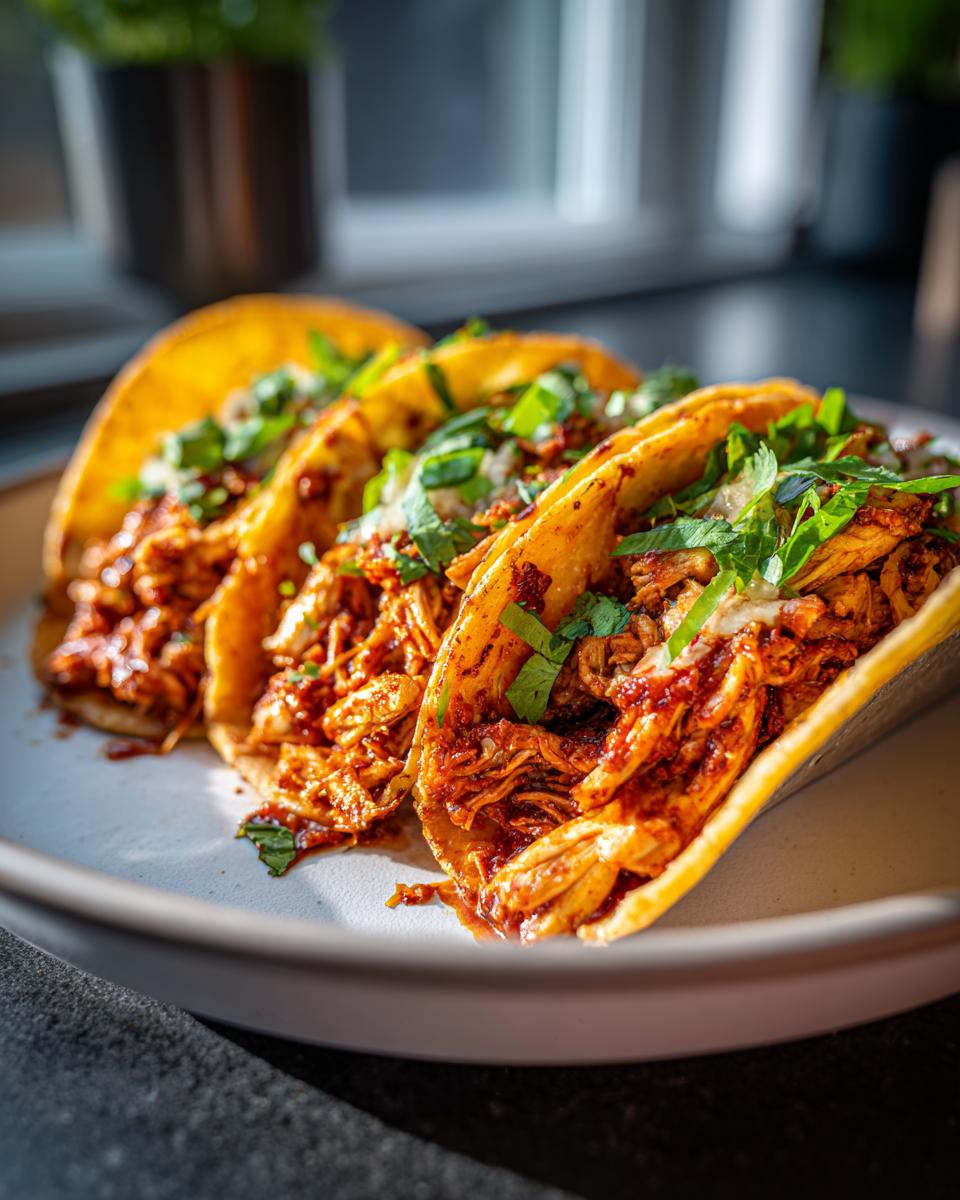 Close-up of three vibrant chicken tacos filled with saucy shredded chicken and topped with fresh cilantro.