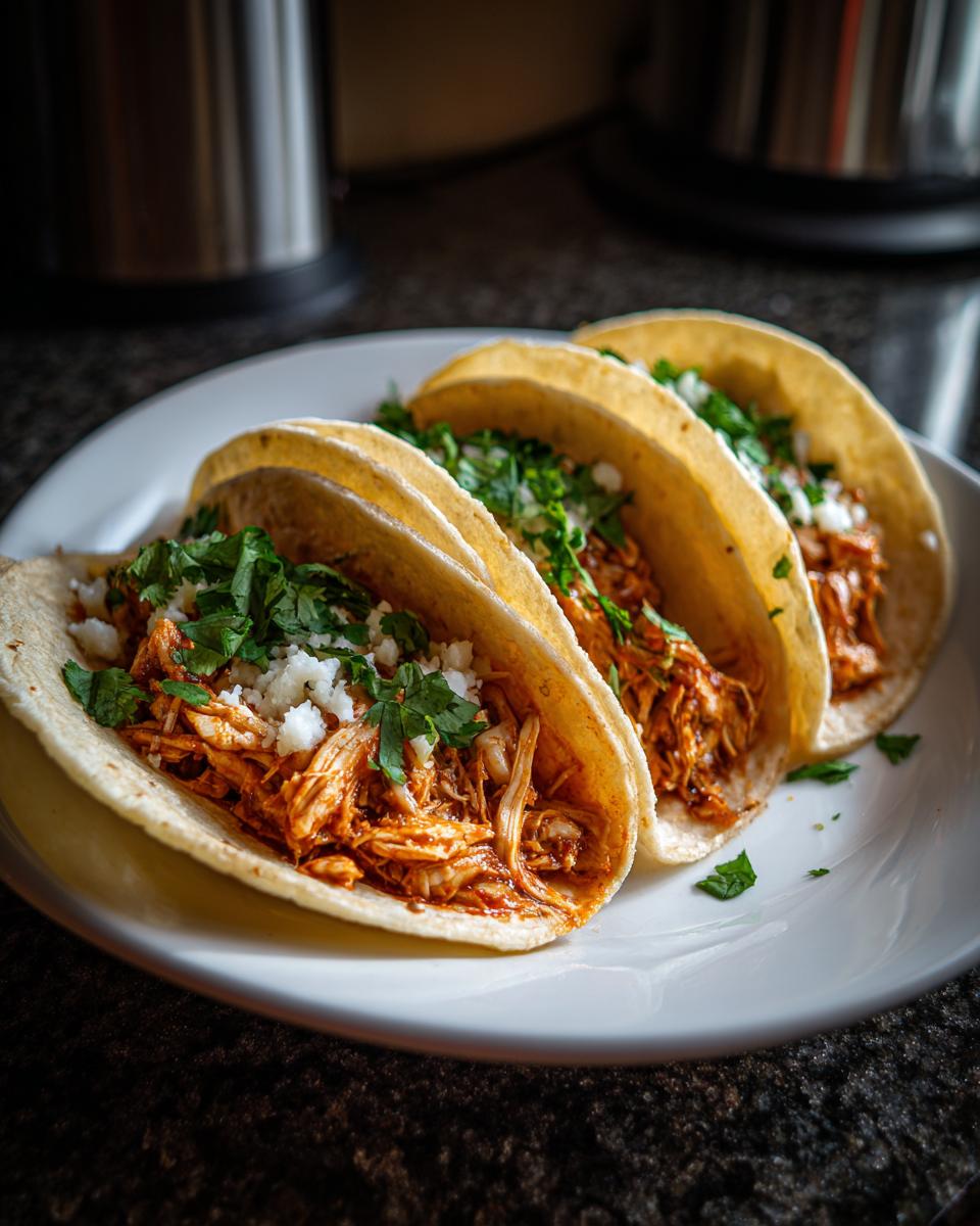 Three soft shell chicken tacos filled with shredded seasoned chicken, topped with cotija cheese and fresh cilantro.