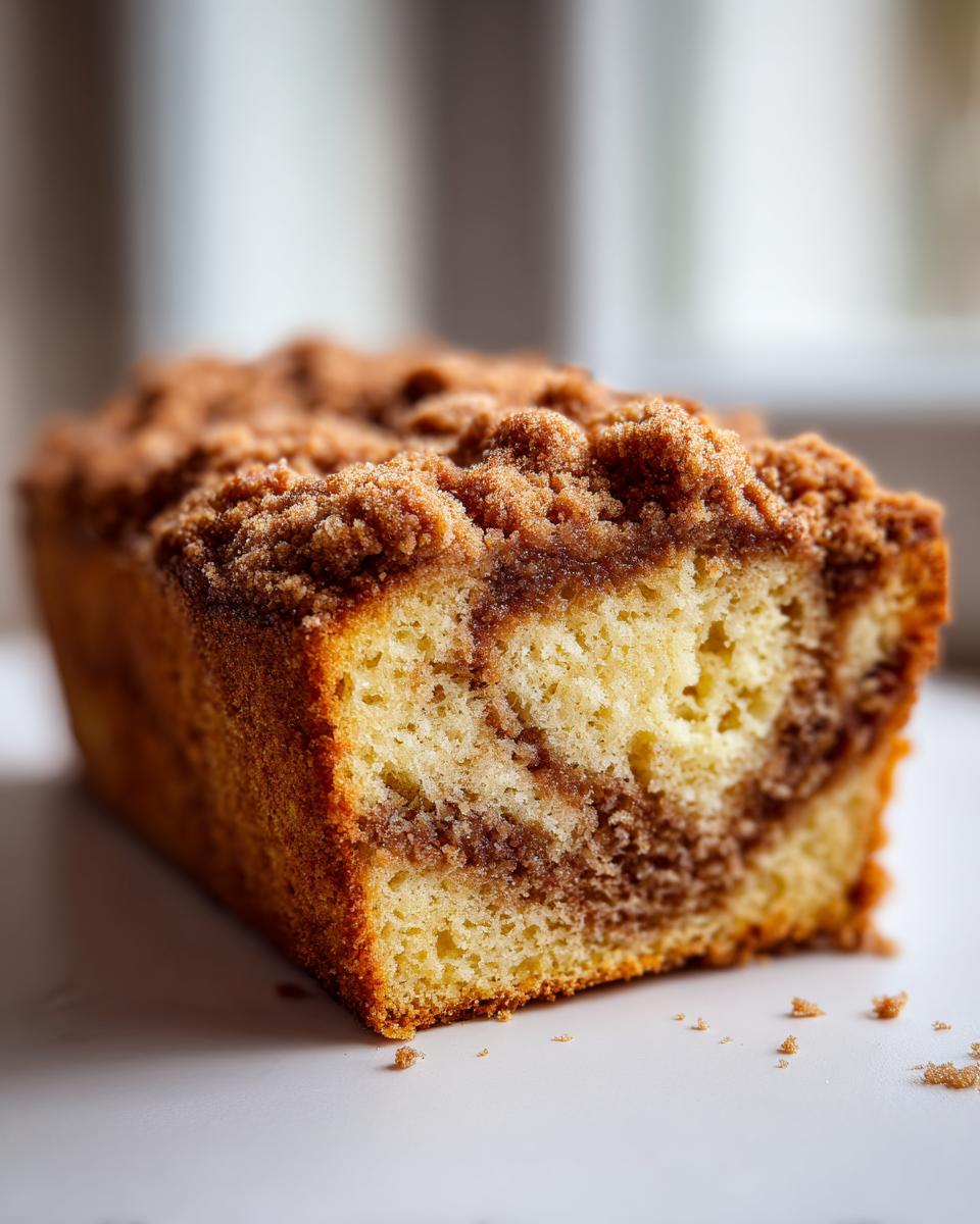 A close-up view of a slice of amazing coffee cake featuring a rich cinnamon swirl and thick, sugary crumb topping.