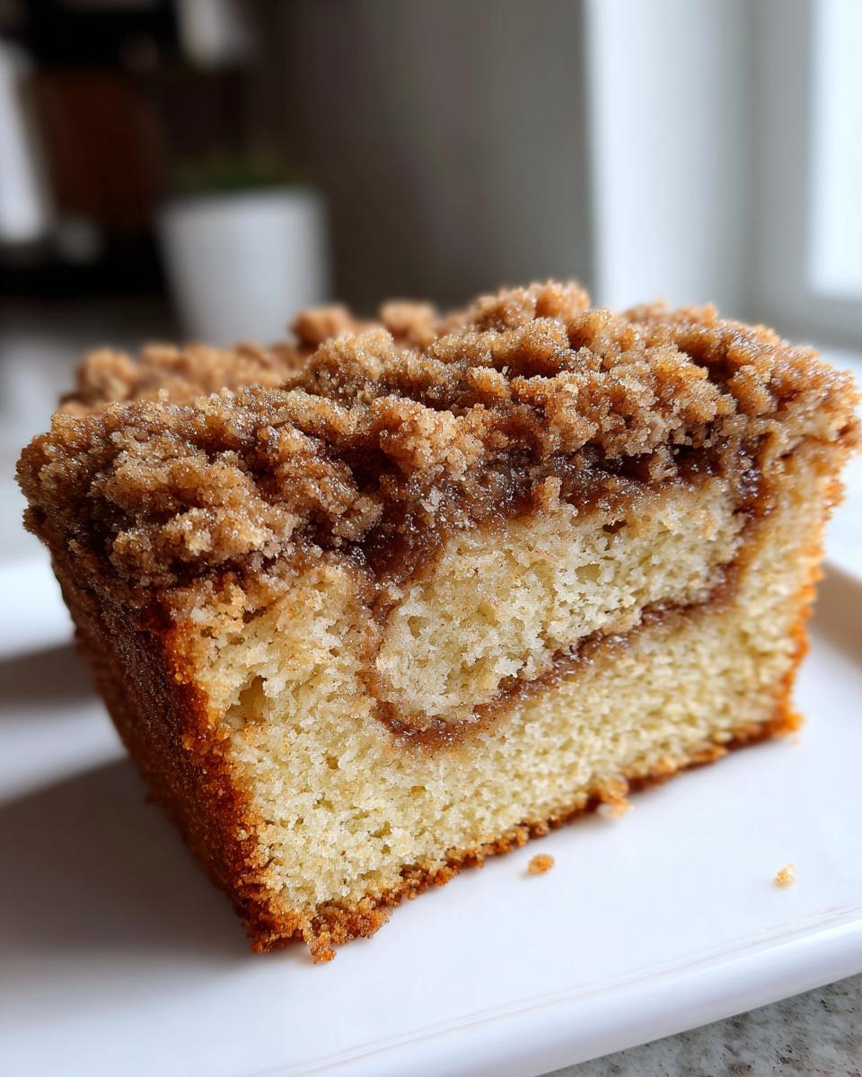 Close-up of a moist slice of coffee cake showing a cinnamon swirl and thick brown sugar crumb topping.
