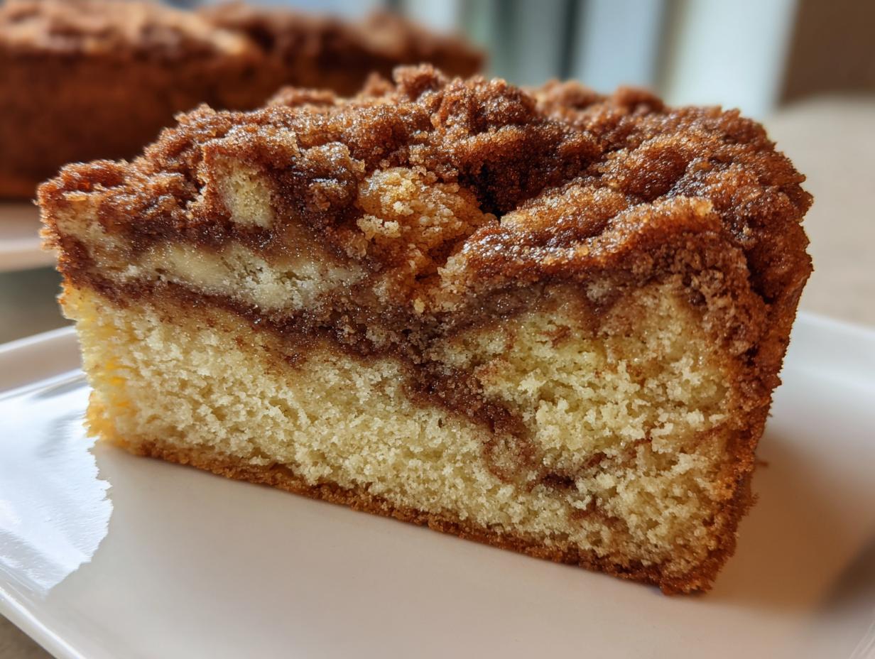 Close-up of a thick slice of moist coffee cake showing the light crumb and rich cinnamon swirl layer under a thick, crumbly streusel topping.