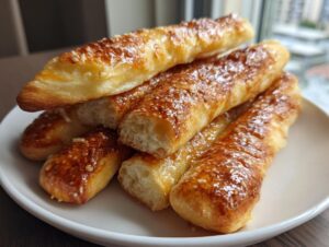 A stack of golden brown, cheesy breadsticks with a soft interior, ready to eat.