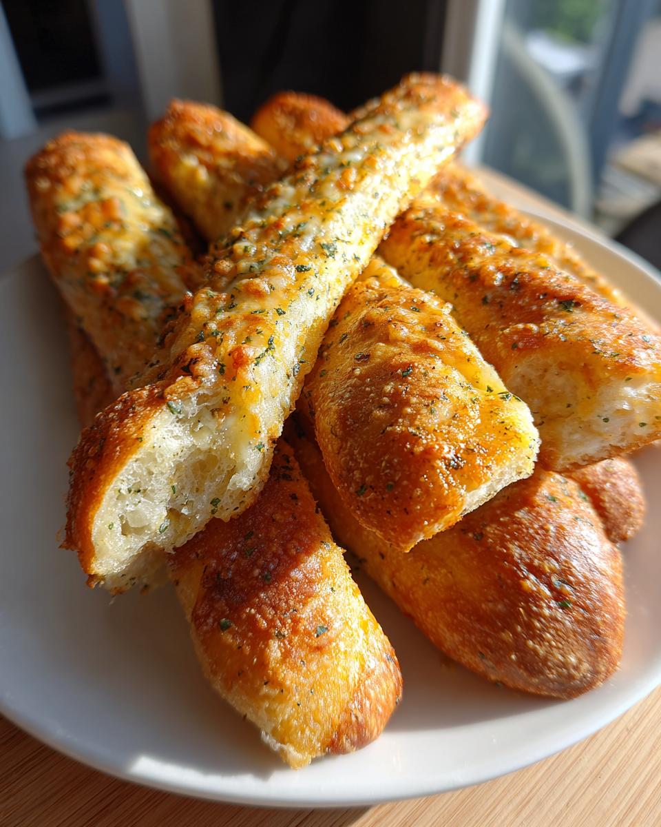 A pile of golden, cheesy, and herbed breadsticks served on a white plate, showing a soft interior.