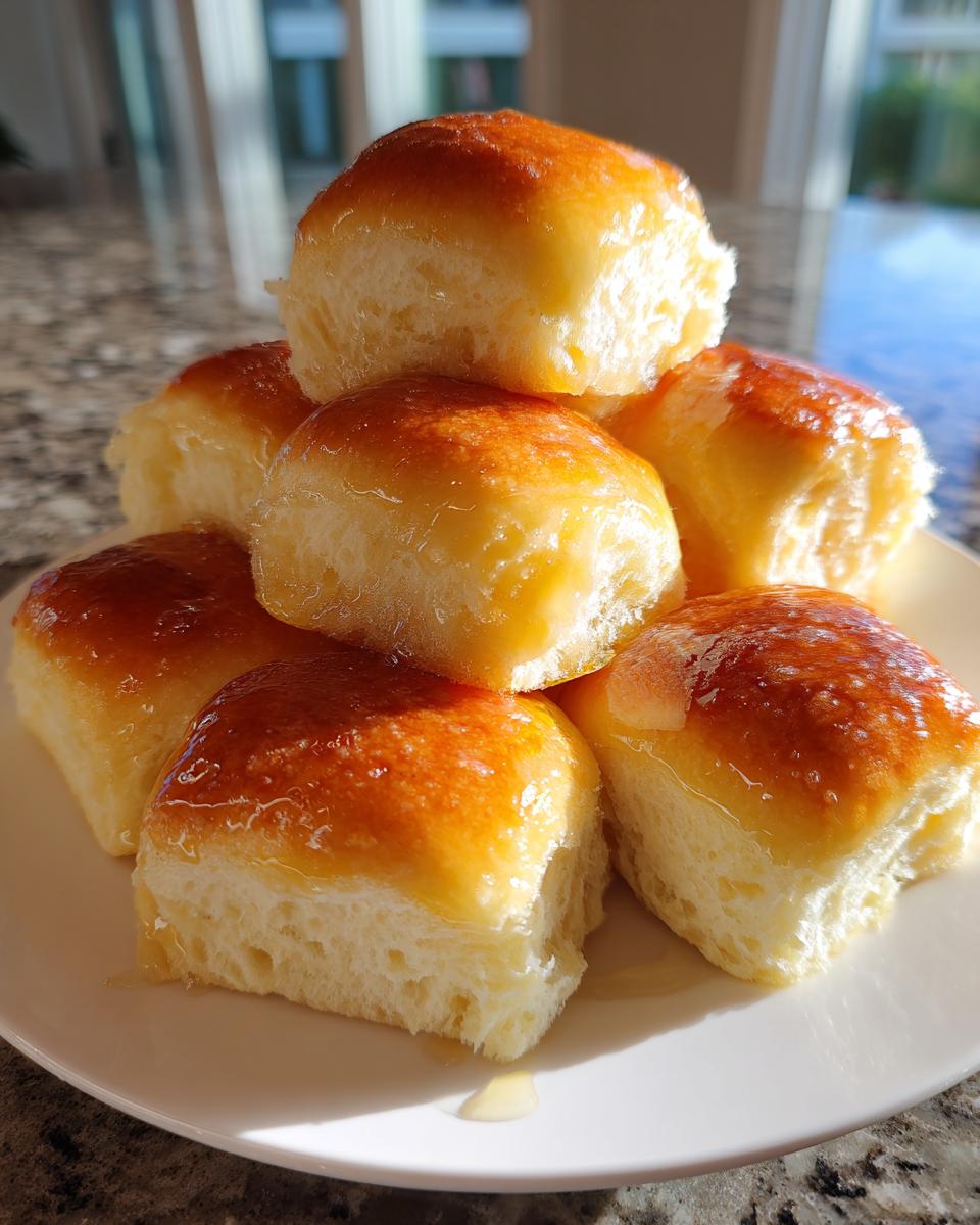 A stack of six fluffy, golden-brown dinner rolls glistening with a honey glaze, resting on a white plate.