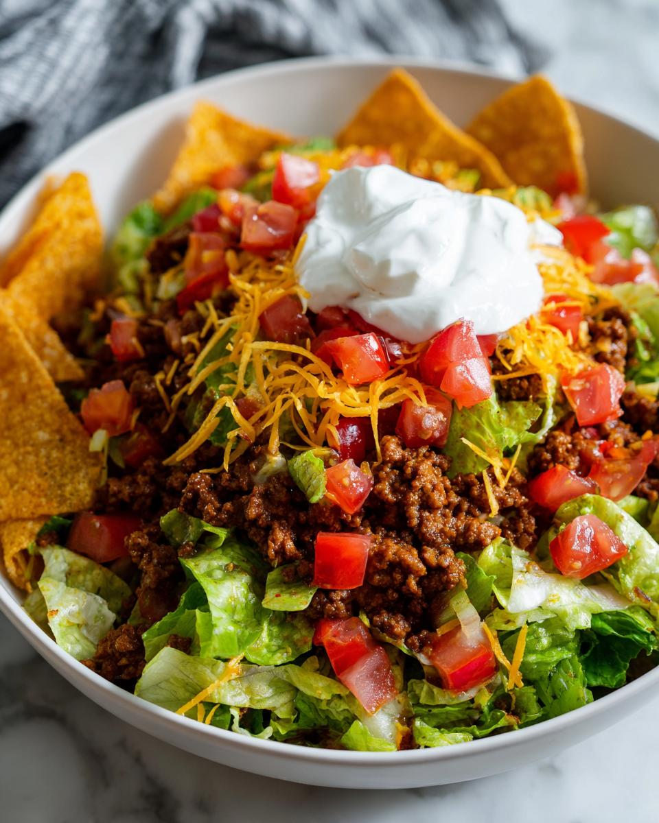 A close-up view of a delicious taco salad featuring seasoned ground beef, lettuce, diced tomatoes, shredded cheese, and a dollop of sour cream.