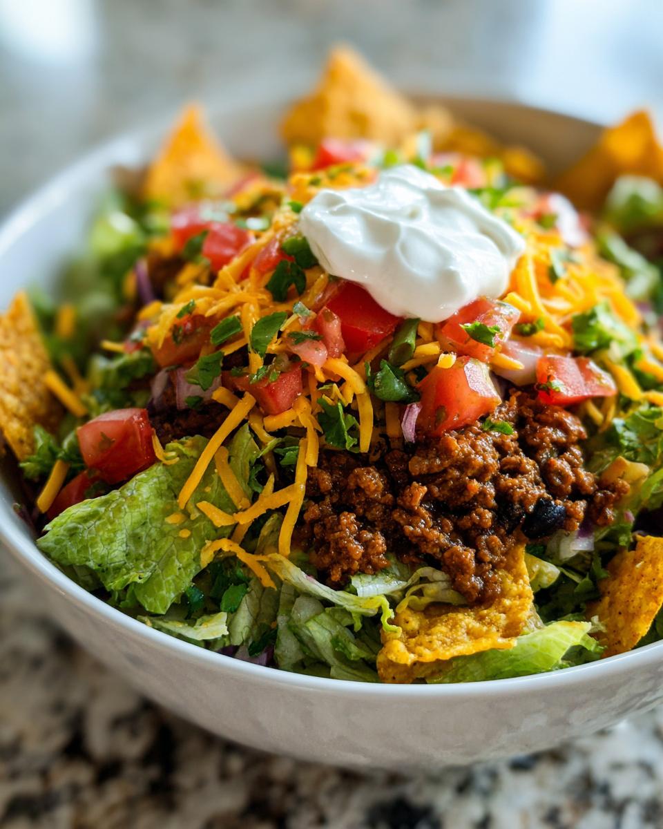 A close-up view of a delicious taco salad piled high with lettuce, seasoned ground beef, shredded cheese, tomatoes, and sour cream.