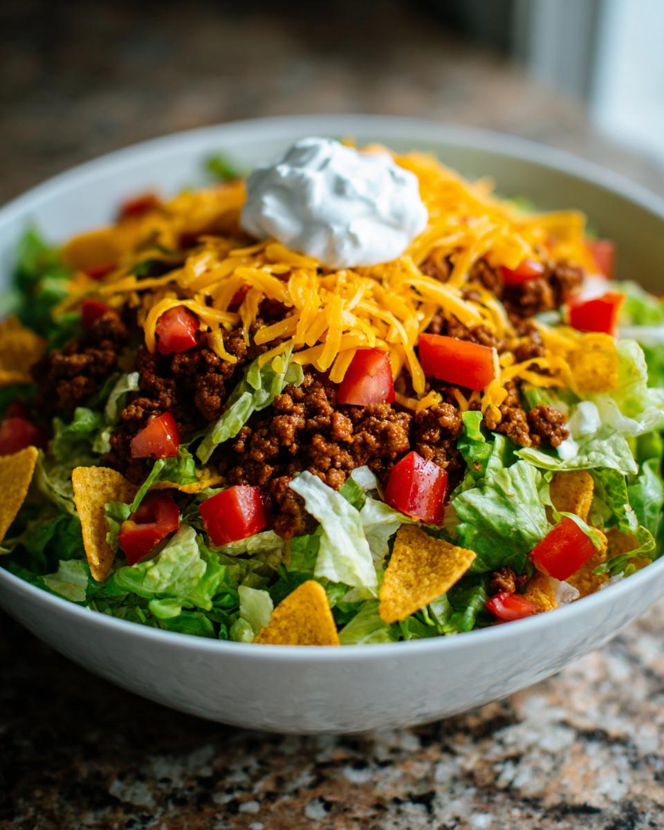A close-up of an amazing taco salad in a white bowl, topped with seasoned beef, shredded cheese, diced tomatoes, and sour cream.