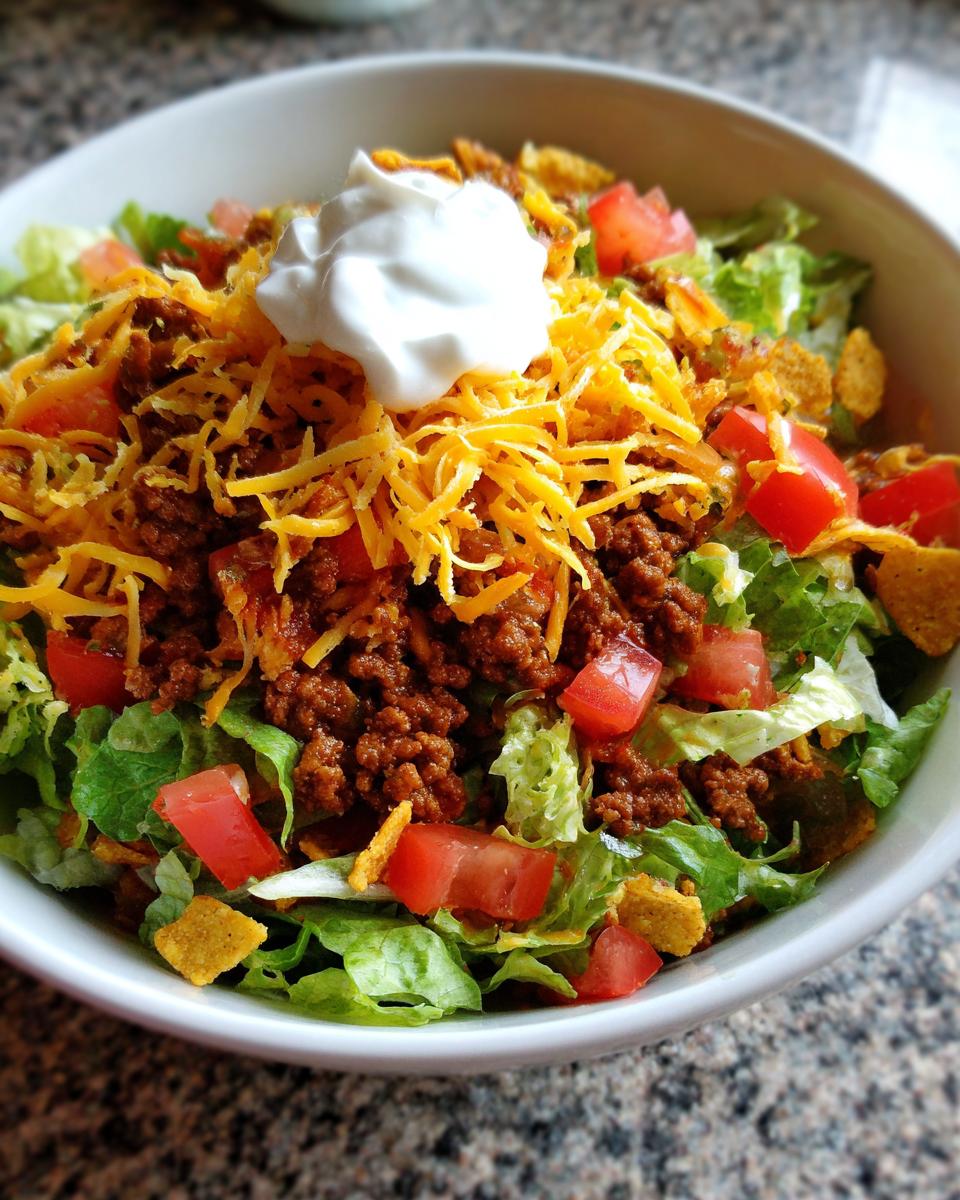 A close-up view of a fresh taco salad bowl topped with seasoned ground beef, shredded cheese, tomatoes, and sour cream.