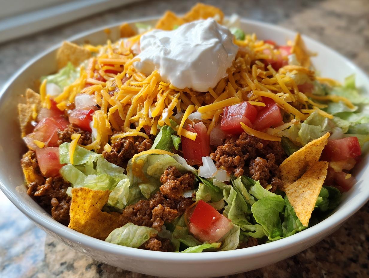 A close-up view of a hearty taco salad featuring seasoned ground beef, lettuce, tomatoes, shredded cheese, and a dollop of sour cream.