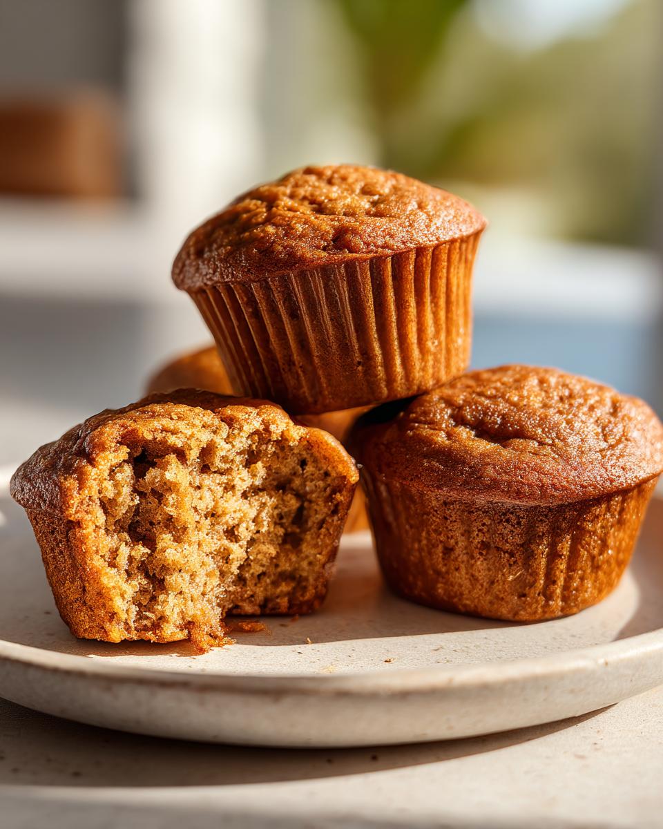 Close-up of three golden-brown banana protein muffins, one broken open showing the soft interior.
