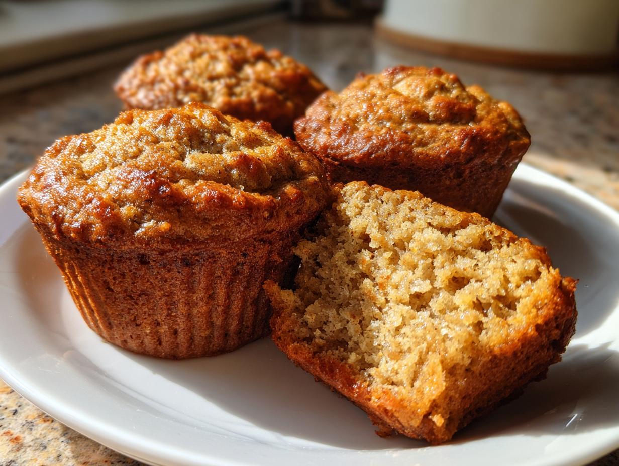 Close-up of golden brown banana protein muffins, one cut in half showing the moist interior.