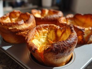 Close-up of several golden brown, perfectly risen yorkshire pudding baked in a metal muffin tin.