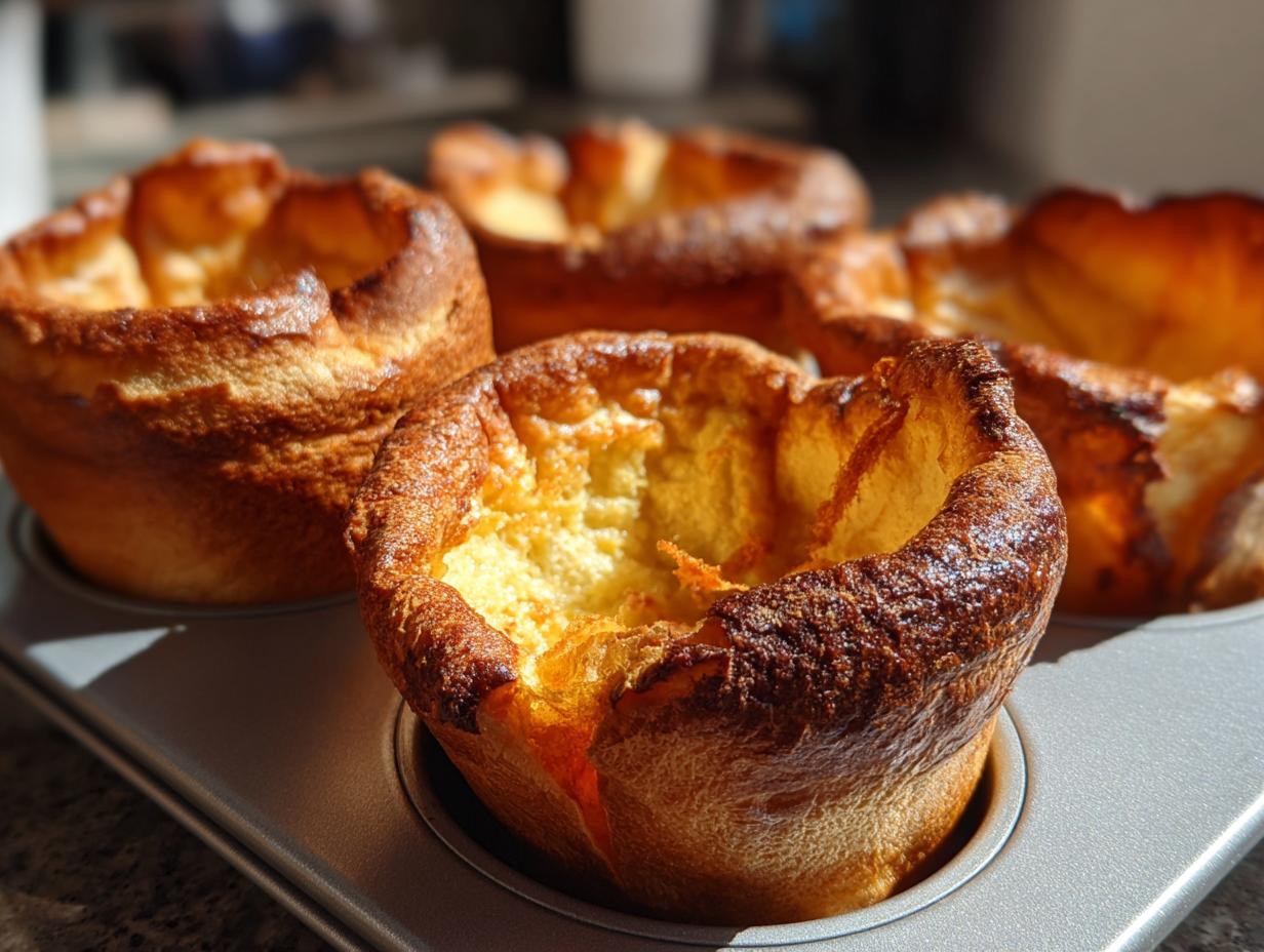 Close-up of several golden brown, perfectly risen yorkshire pudding baked in a metal muffin tin.