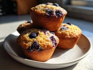 Four golden-brown blueberry protein muffins stacked slightly on a white plate, topped with coarse sugar.