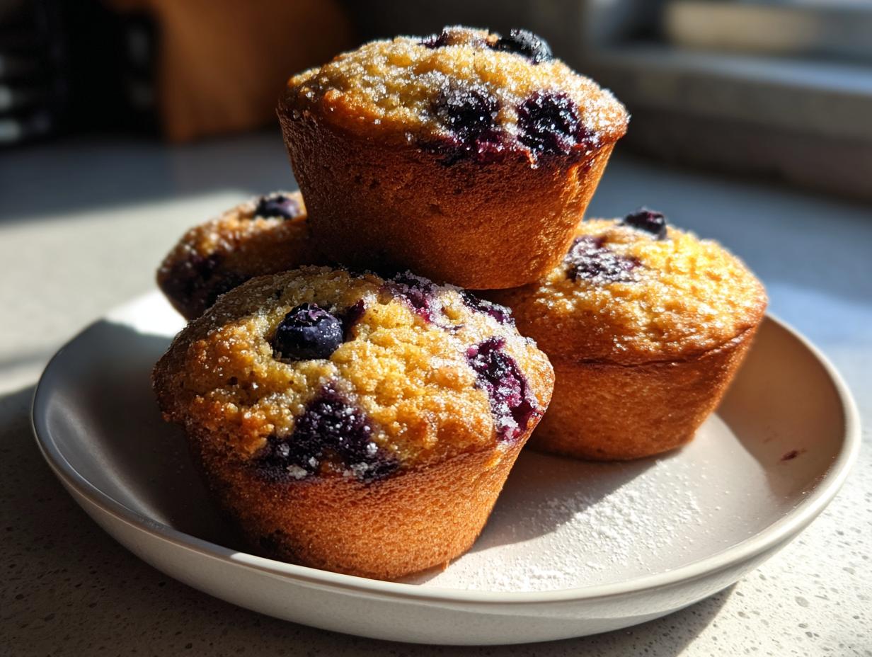 Four golden-brown blueberry protein muffins stacked slightly on a white plate, topped with coarse sugar.