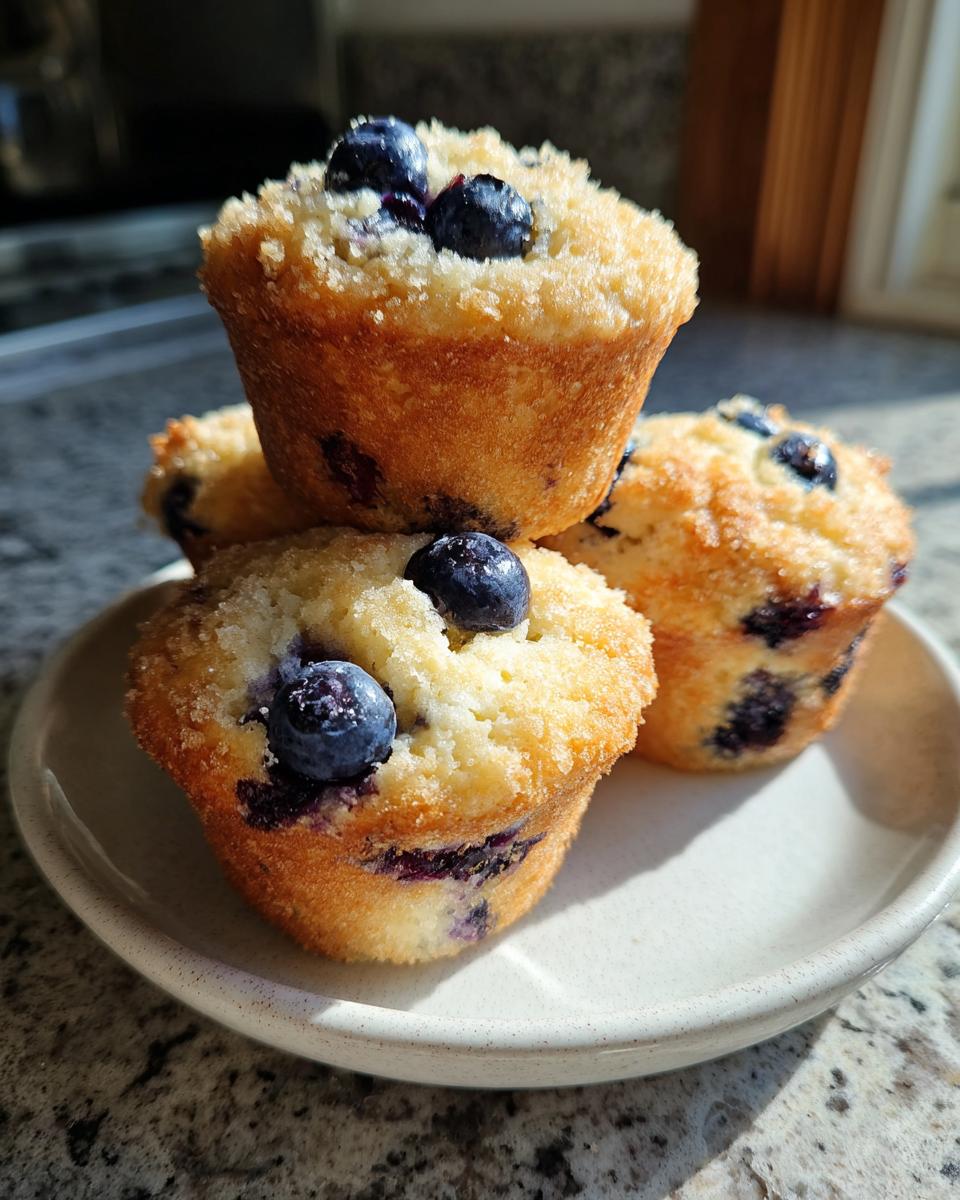 A stack of golden brown blueberry protein muffins topped with sugar crumble and fresh blueberries on a small plate.