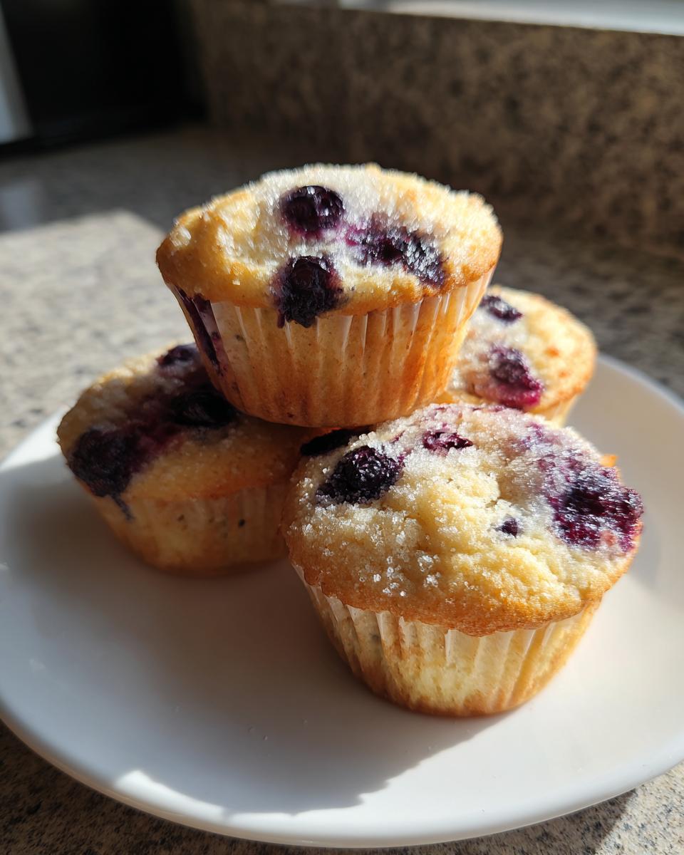 A stack of four golden blueberry protein muffins topped with coarse sugar, sitting on a white plate.