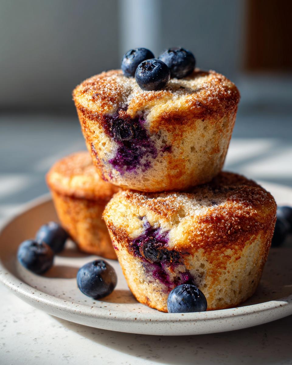 Two stacked blueberry protein muffins topped with fresh blueberries and coarse sugar, sitting on a speckled plate.