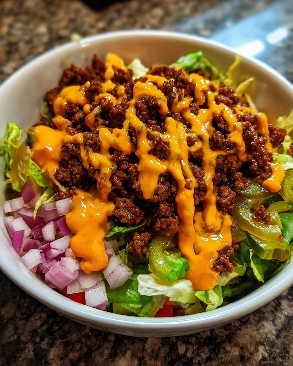 A close-up view of a vibrant cheeseburger bowl featuring seasoned ground beef, lettuce, diced red onion, pickles, and a generous drizzle of orange cheese sauce.