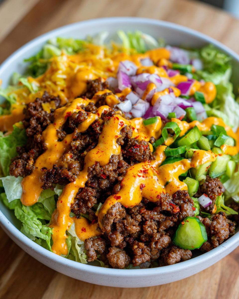 A close-up view of a vibrant cheeseburger bowl featuring seasoned ground beef, lettuce, red onions, and a generous drizzle of orange sauce.
