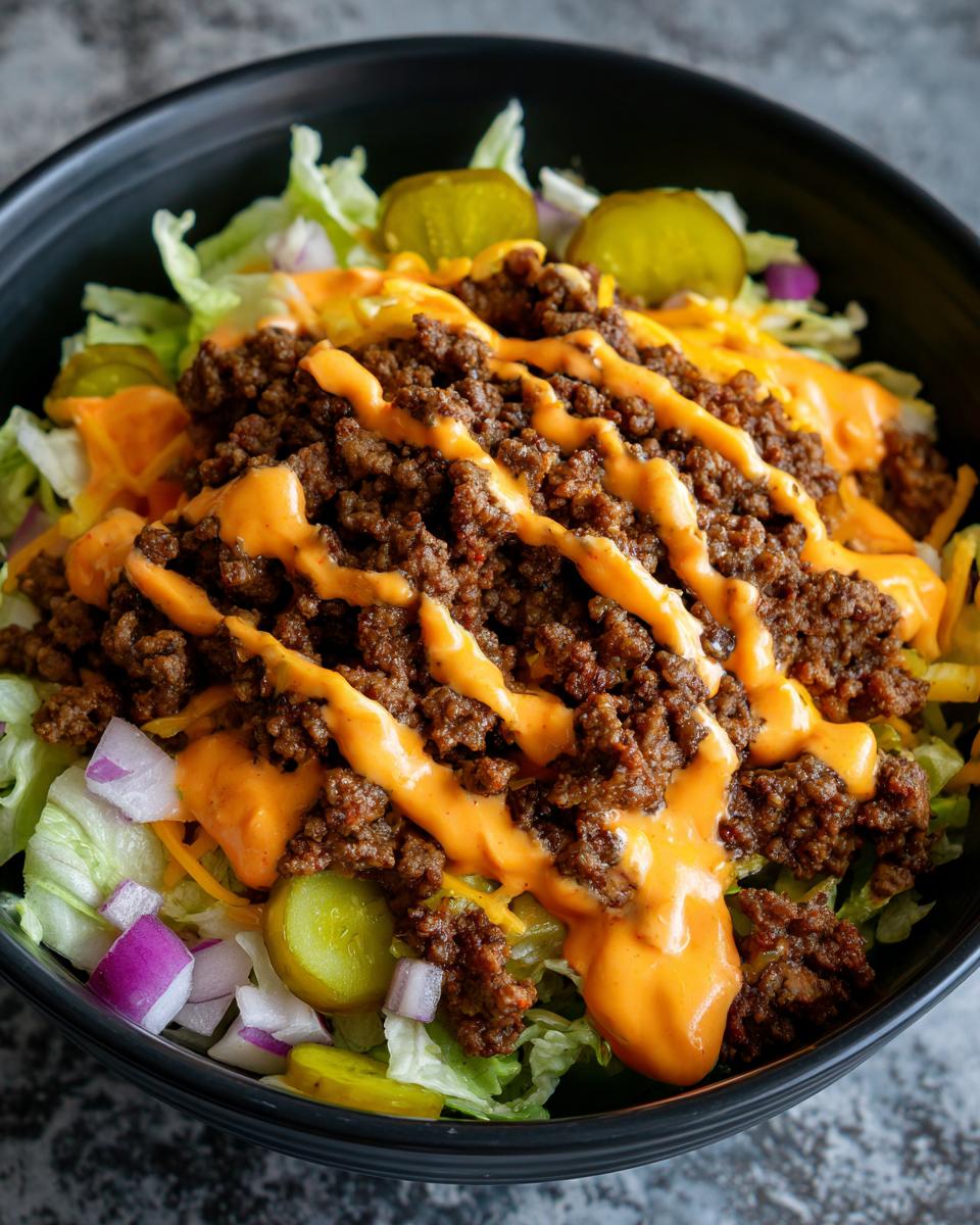 Close-up of a hearty cheeseburger bowl featuring seasoned ground beef, shredded lettuce, pickles, and a generous zigzag of orange sauce.