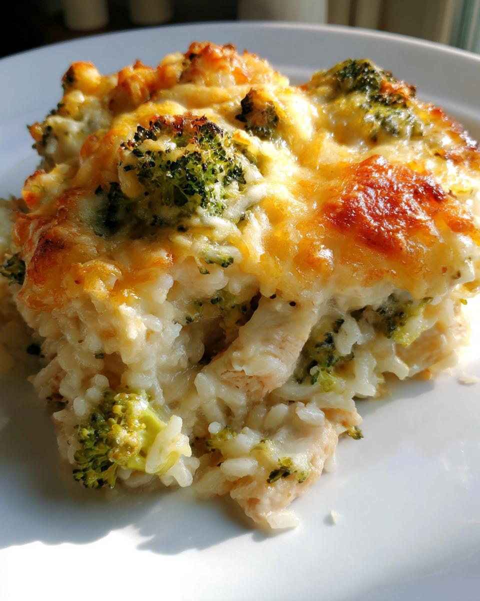 A close-up serving of creamy chicken broccoli rice casserole topped with golden, melted cheese.