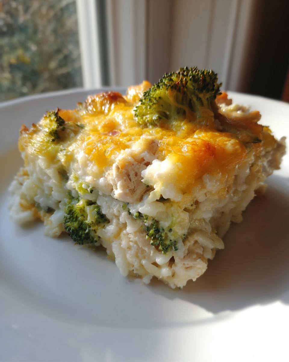 A close-up of a baked slice of chicken broccoli rice casserole topped with melted cheddar cheese and a piece of broccoli.