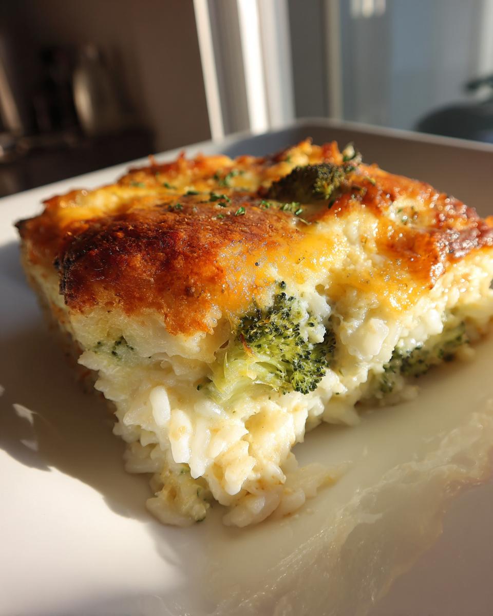 A close-up of a creamy, cheesy slice of chicken broccoli rice casserole with a golden-brown top.