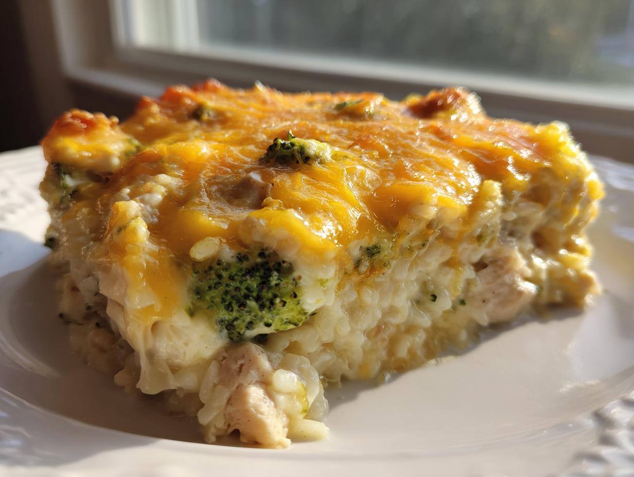 A close-up slice of creamy chicken broccoli rice casserole topped with melted cheddar cheese.