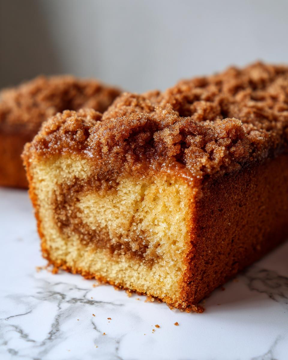 A close-up of a freshly baked coffee cake slice showing a thick cinnamon streusel topping and a visible cinnamon swirl inside.