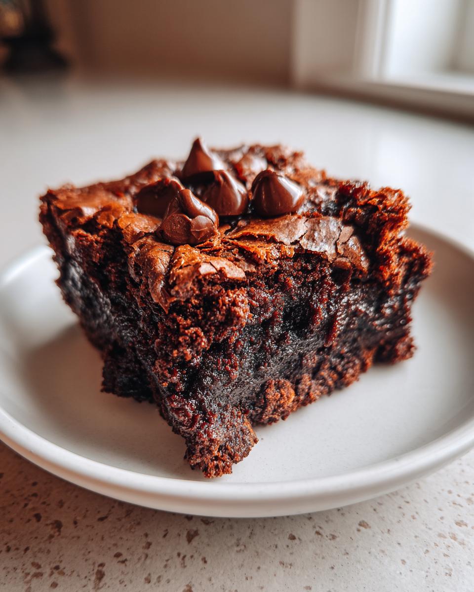 A close-up of a rich, fudgy Cottage Cheese Microwave Brownie topped with melted chocolate chips on a small white plate.