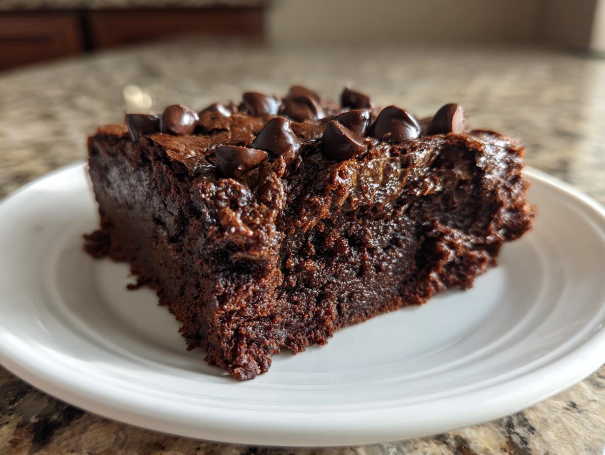 Close-up of a rich, fudgy Cottage Cheese Microwave Brownie slice topped with chocolate chips on a white plate.