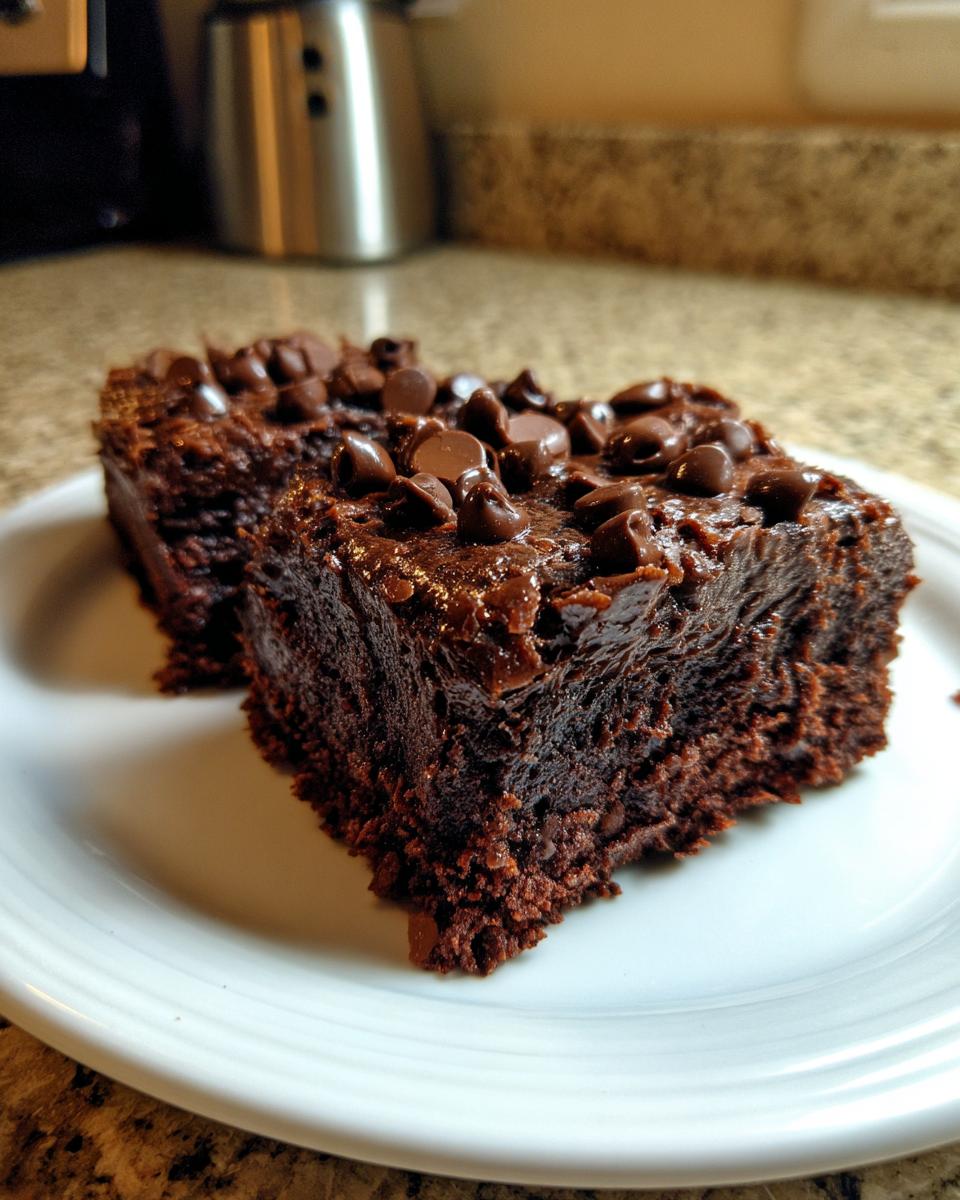 Two rich, fudgy slices of Cottage Cheese Microwave Brownie topped with melted chocolate chips on a white plate.