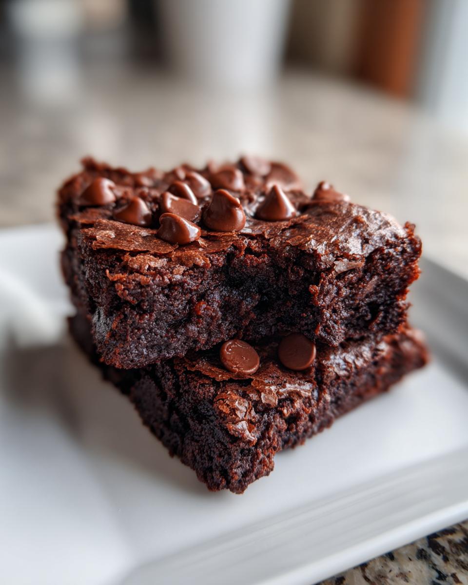 Two rich, fudgy Cottage Cheese Microwave Brownie squares stacked on a white plate, topped with chocolate chips.