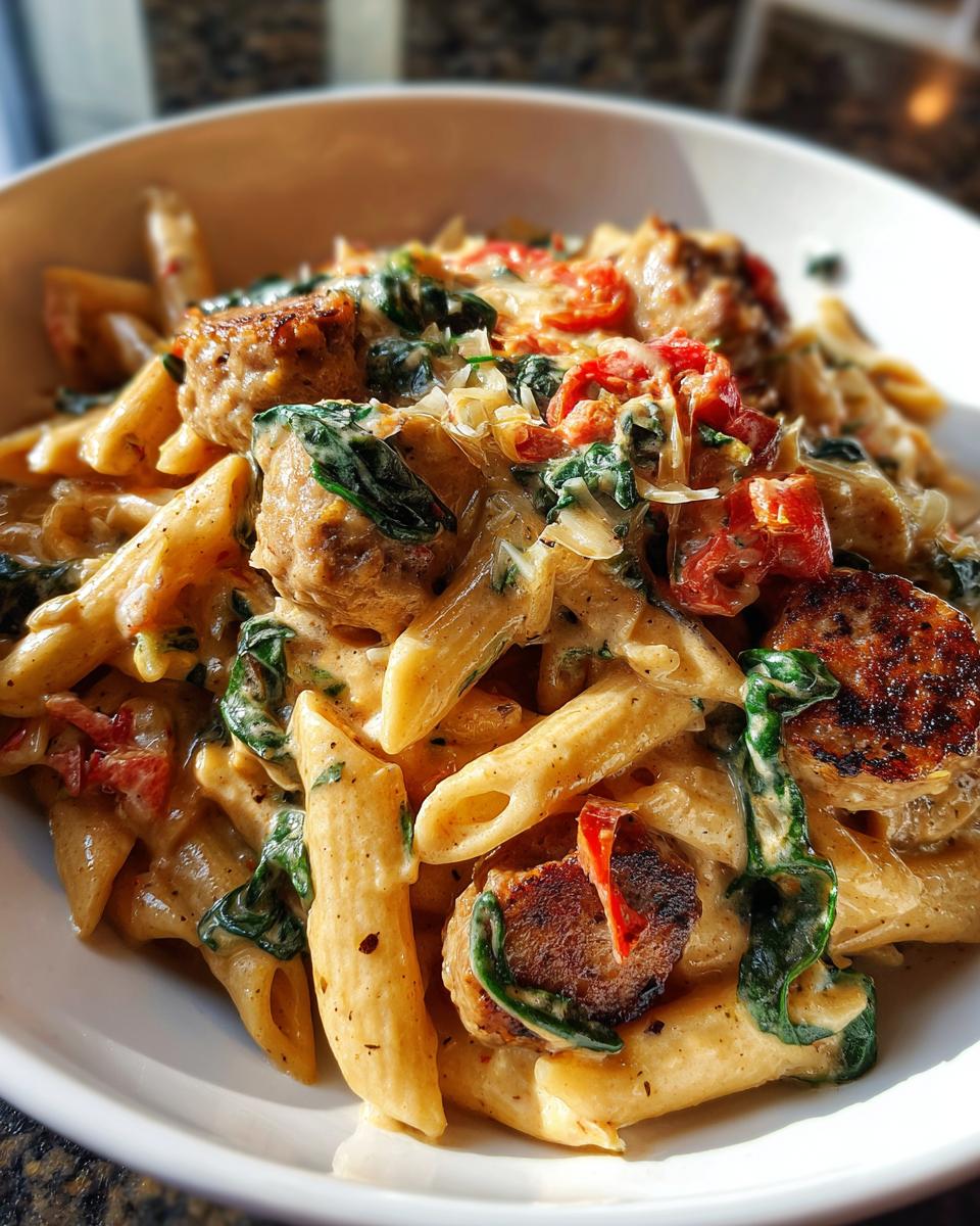Close-up of creamy chicken sausage pasta featuring penne, browned sausage slices, spinach, and sun-dried tomatoes.